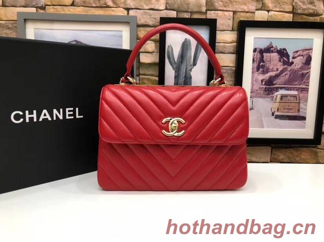 Chanel CC original lambskin top handle flap bag V92236 red&Gold-Tone Metal