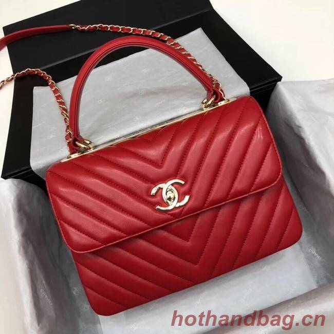 Chanel CC original lambskin top handle flap bag V92236 red&Gold-Tone Metal