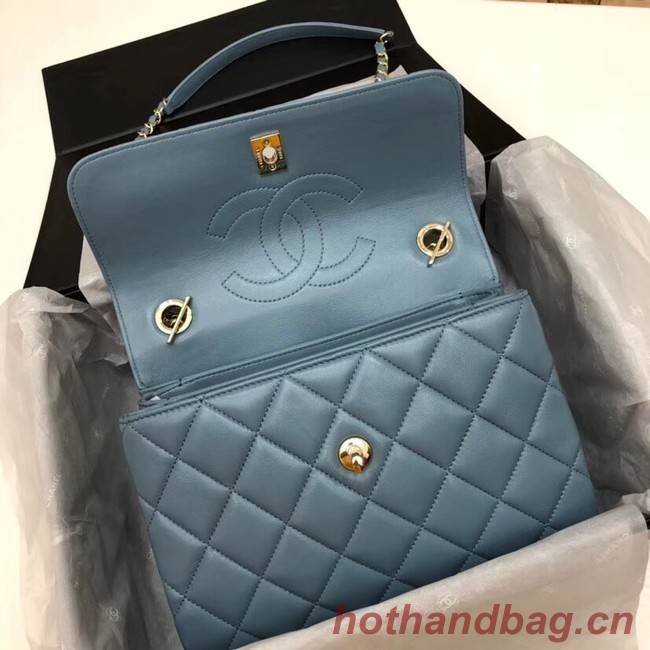 Chanel CC original lambskin top handle flap bag 92236 blue&Gold-Tone Metal