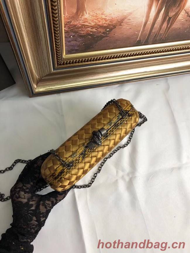 BOTTEGA VENETA Knot snakeskin-trimmed satin clutch 62548 Bronze