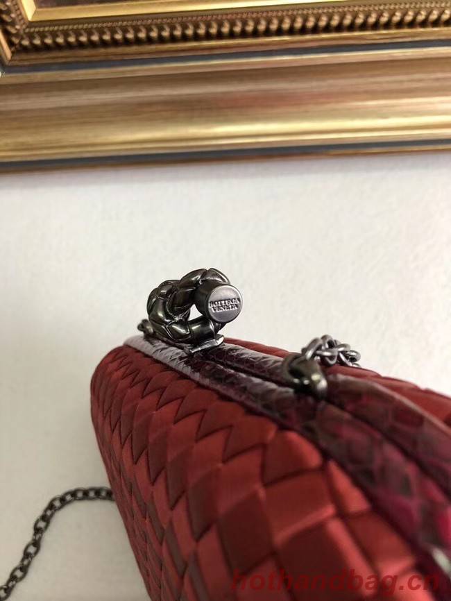 BOTTEGA VENETA Knot snakeskin-trimmed satin clutch 62548 Burgundy