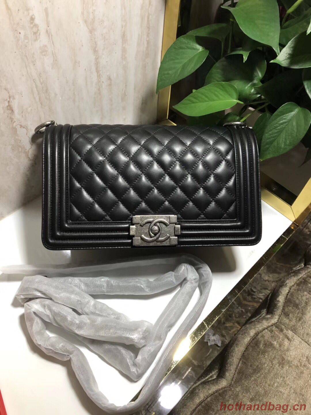 Chanel Boy Flap Original Sheepskin Leather Shoulder Black Bag A67086 Silver