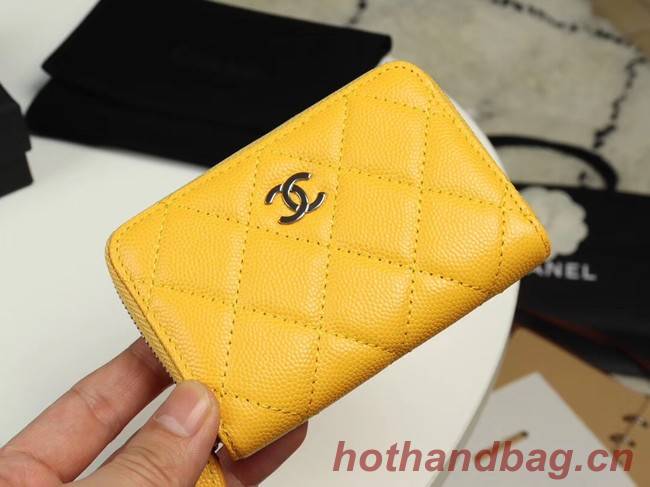 Chanel classic card holder Grained Calfskin & silver-Tone Metal A69271 yellow