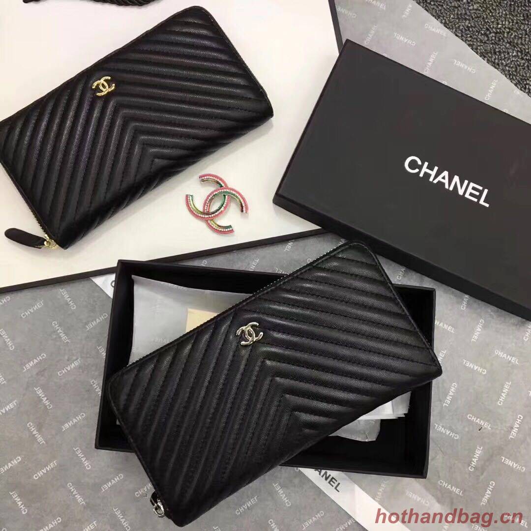 Chanel Chevron Sheepskin Leather Zippy Wallet Black A50498 Silver
