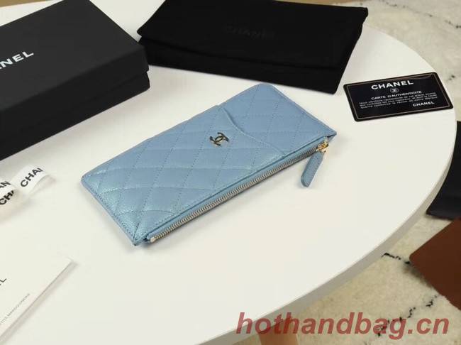 Chanel Calfskin Leather Card packet & Gold-Tone Metal A81598 light blue