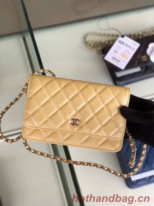 Chanel classic wallet on chain Grained Calfskin & Silver-Tone Metal 33814 Pearlescent apricot