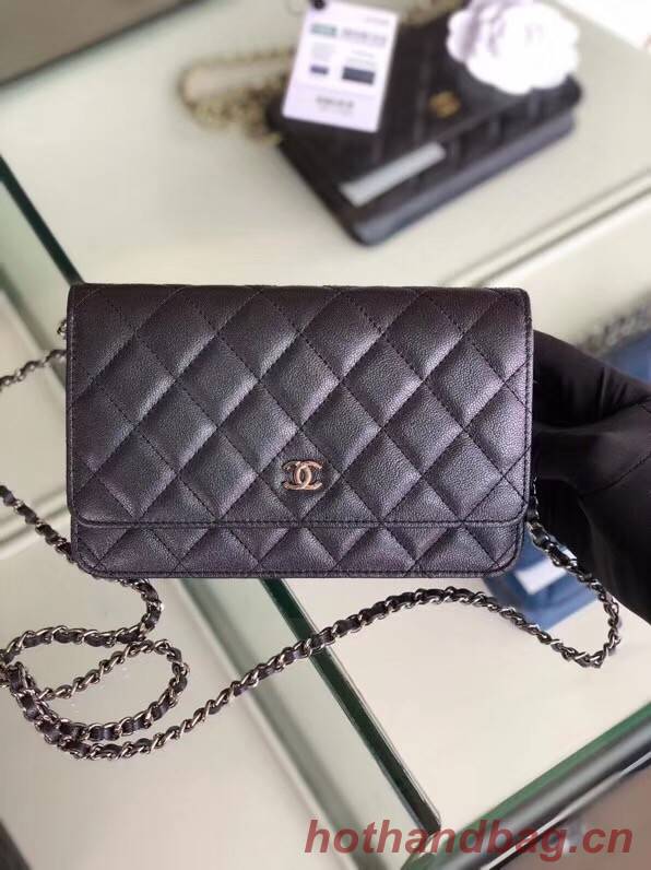 Chanel classic wallet on chain Grained Calfskin & Silver-Tone Metal 33814 Pearlescent black
