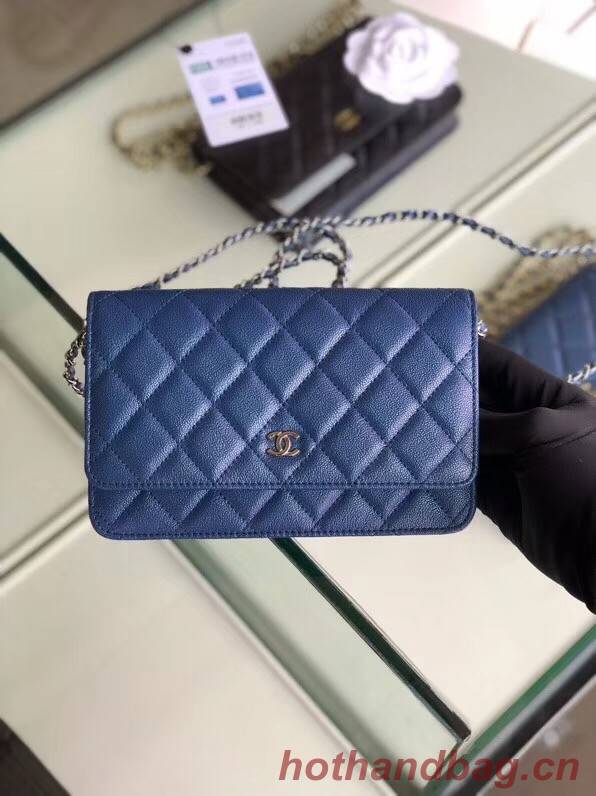 Chanel classic wallet on chain Grained Calfskin & Silver-Tone Metal 33814 Pearlescent blue