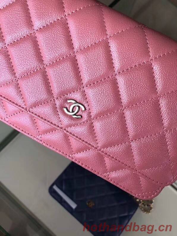 Chanel classic wallet on chain Grained Calfskin & Silver-Tone Metal 33814 Pearlescent Pink