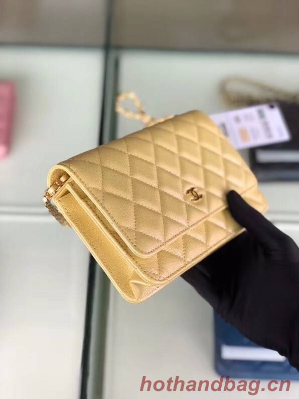 Chanel classic wallet on chain Grained Calfskin & gold-Tone Metal 33814 Pearlescent apricot