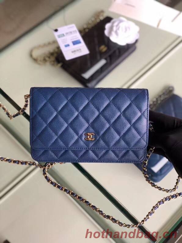 Chanel classic wallet on chain Grained Calfskin & gold-Tone Metal 33814 Pearlescent blue