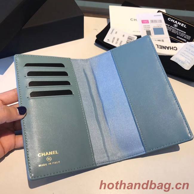 Chanel Calfskin Leather & Gold-Tone Metal Wallet A80385 Light Blue