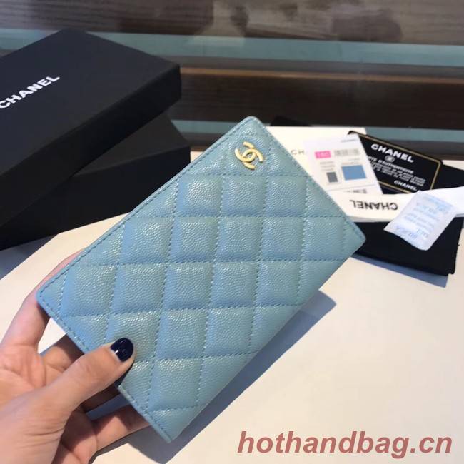 Chanel Calfskin Leather & Gold-Tone Metal Wallet A80385 Light Sky Blue