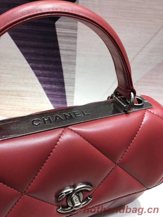 Chanel CC original lambskin top handle flap bag A92236 red&silver-Tone Metal
