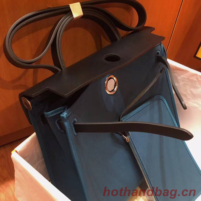 Hermes Herbag 31CM Original Canvas Leather & Calfskin 45987 Blue&Black