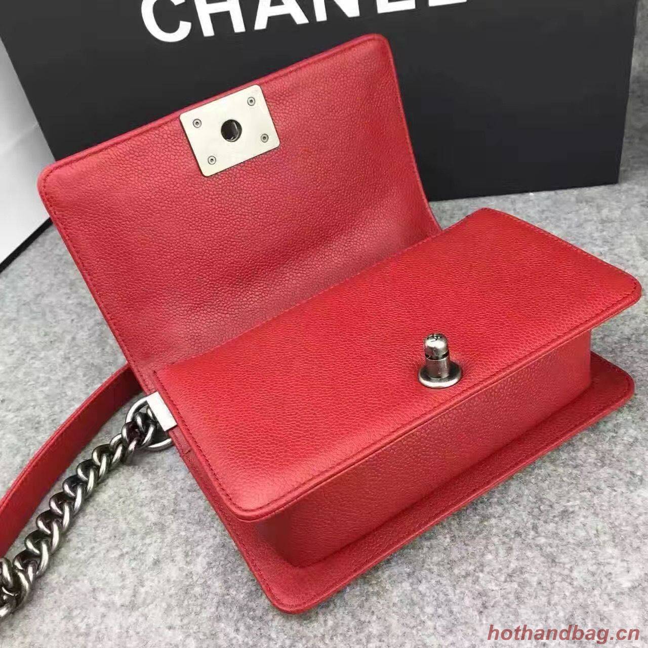 Chanel Le Boy Flap Shoulder Bag Original Cavier Leather A67085 Red Silver Buckle