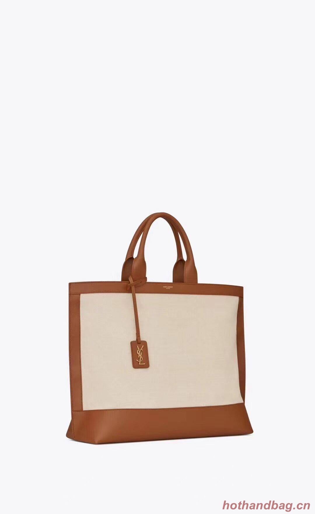 Yves Saint Laurent SHOPPING TAG IN CANVAS AND LEATHER Y615719 brown&white