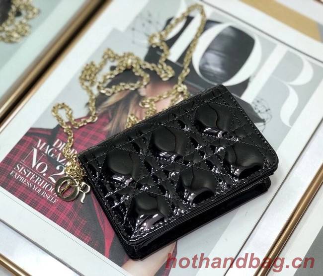 LADY DIOR 5-GUSSET CARD HOLDER WITH CHAIN Patent Cannage Calfskin S0859 black