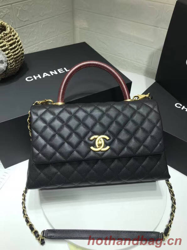 Chanel flap bag with red top handle A92991 black