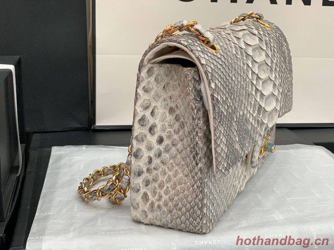 Chanel Classic Handbag Python Leather Silver A01112 Gold Hardware
