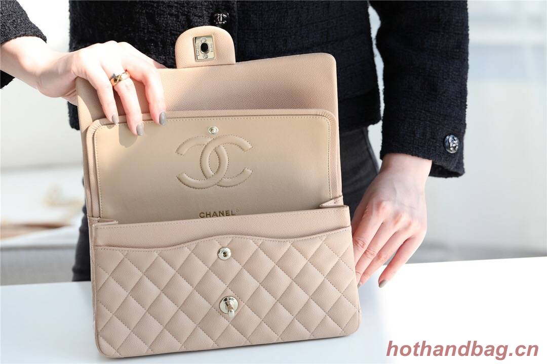 Chanel Classic Handbag Grained Calfskin & silver-Tone Metal A1112 Apricot