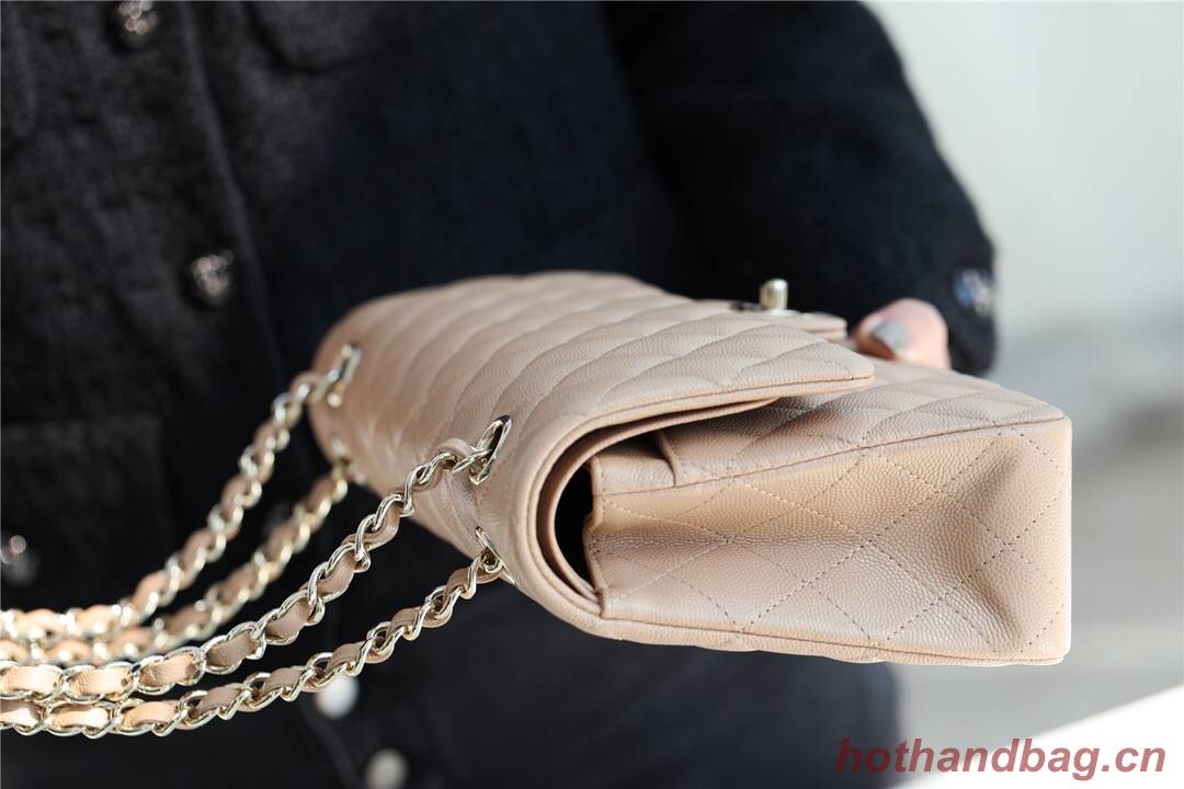 Chanel Classic Handbag Grained Calfskin & silver-Tone Metal A1112 Apricot