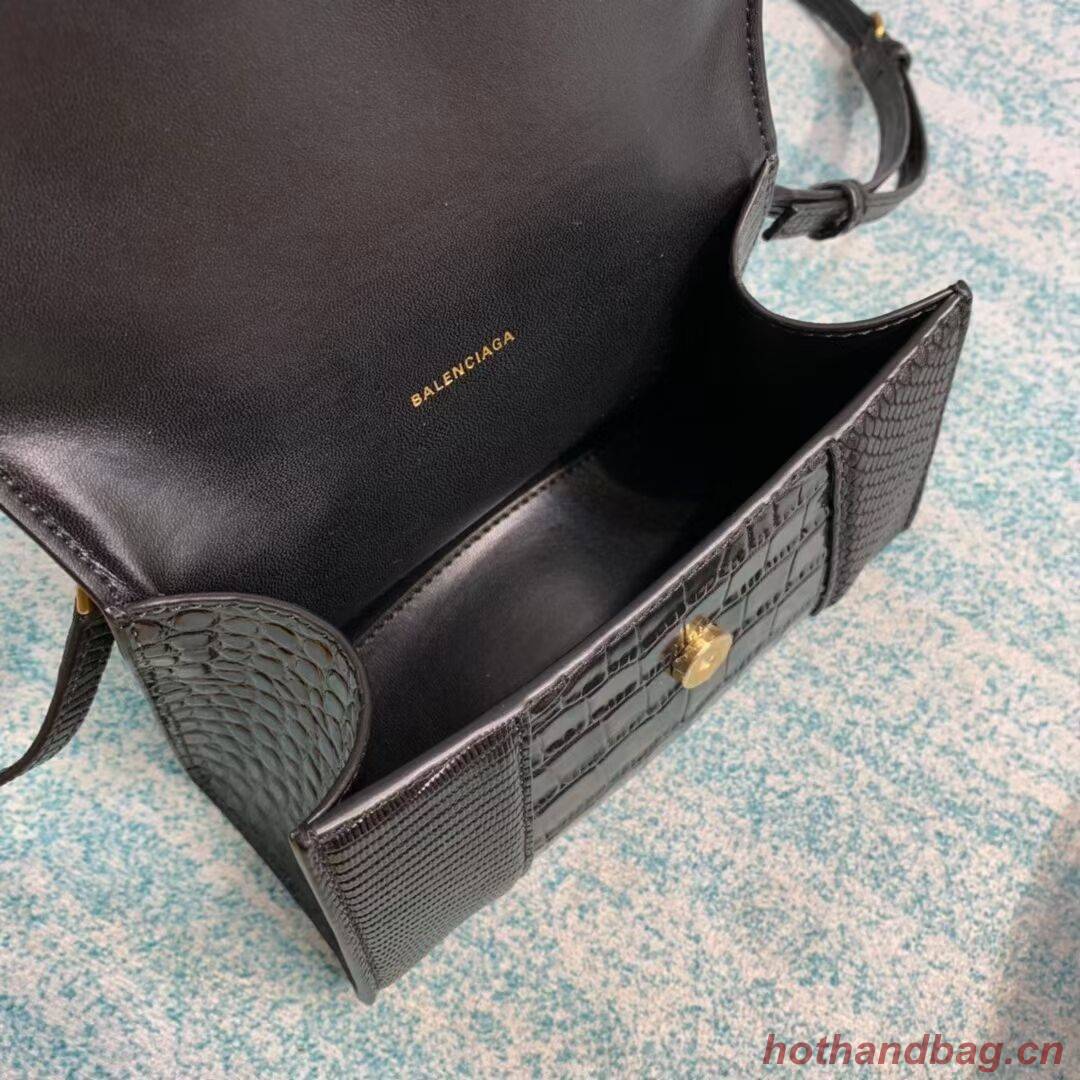 Balenciaga Hourglass XS Top Handle Bag shiny crocodile embossed calfskin B108892E black