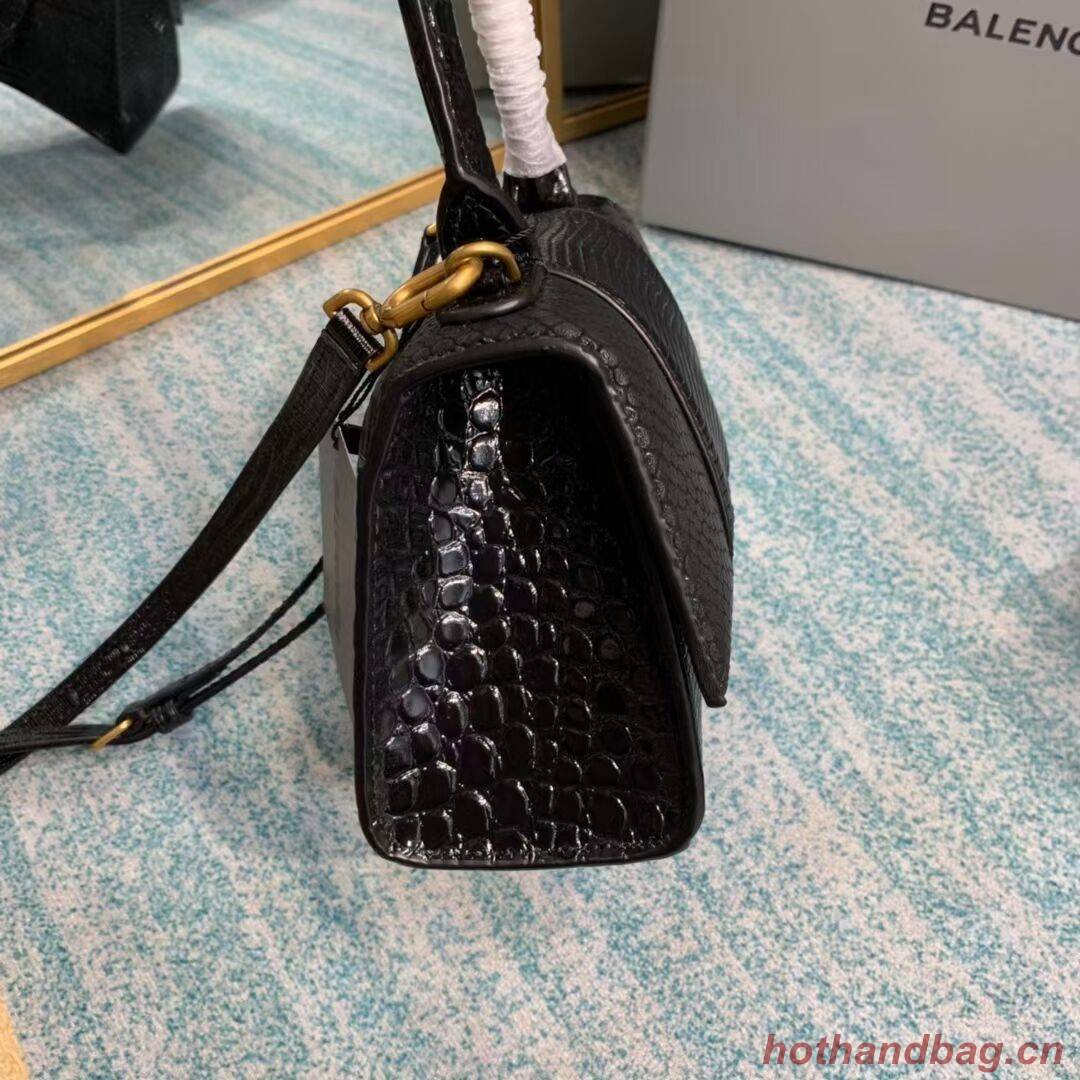 Balenciaga Hourglass XS Top Handle Bag shiny crocodile embossed calfskin B108892E black