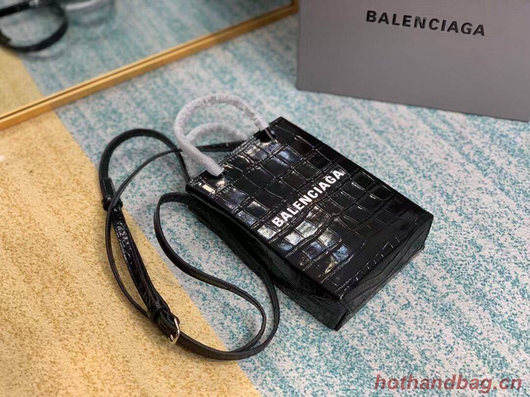 Balenciaga Original shiny crocodile embossed leather Mini Shopper Bag B152865 black