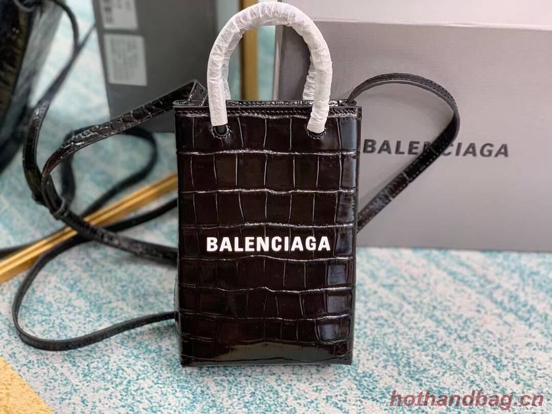 Balenciaga Original shiny crocodile embossed leather Mini Shopper Bag B152865 black