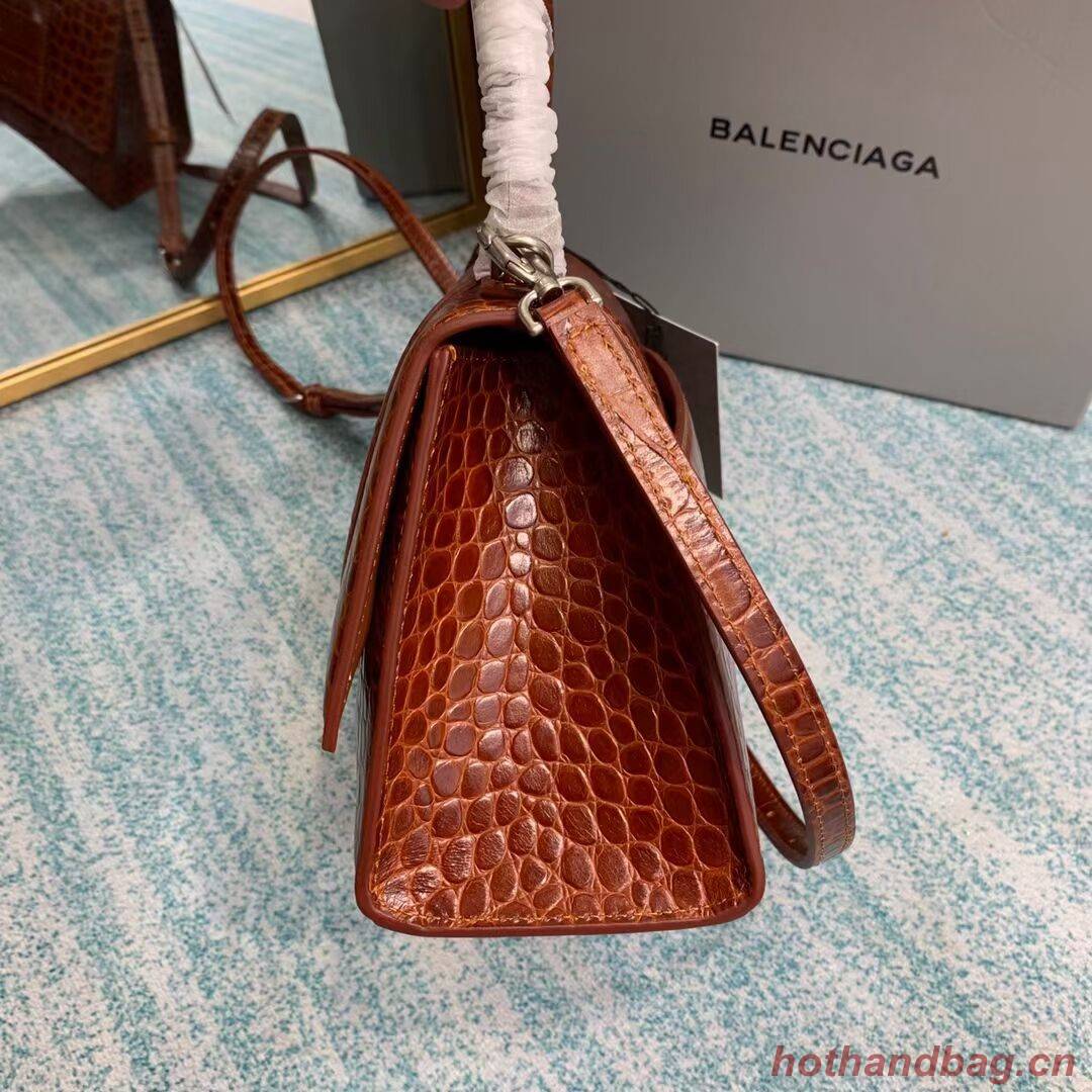 Balenciaga HOURGLASS SMALL TOP HANDLE BAG crocodile embossed calfskin B108895E brown