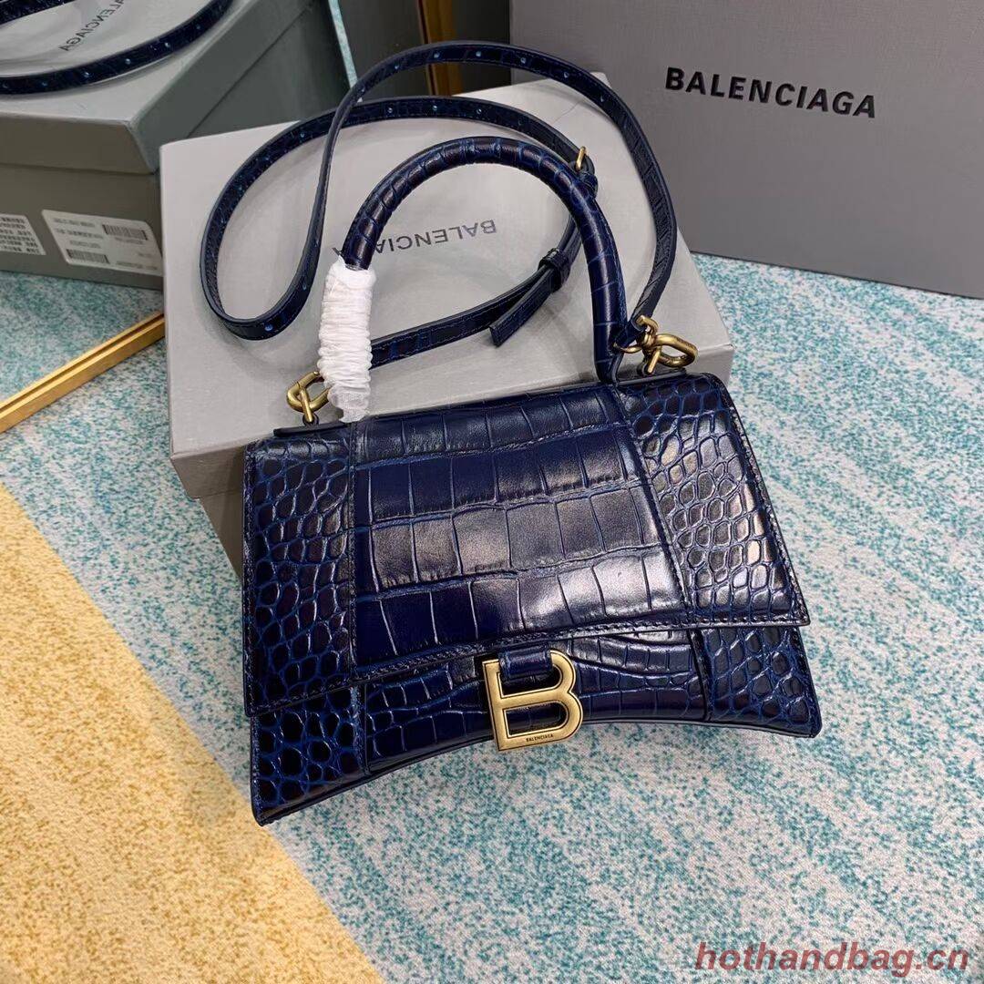 Balenciaga HOURGLASS SMALL TOP HANDLE BAG crocodile embossed calfskin B108895E dark blue