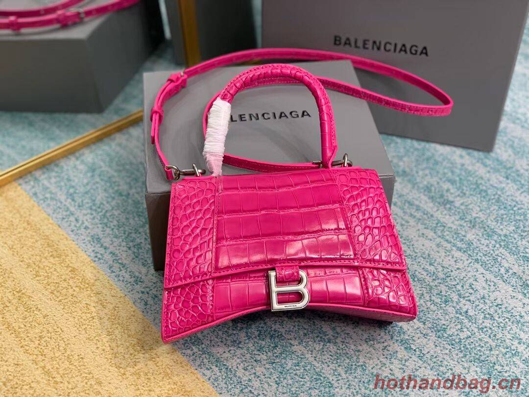 Balenciaga HOURGLASS SMALL TOP HANDLE BAG crocodile embossed calfskin B108895E neon pink