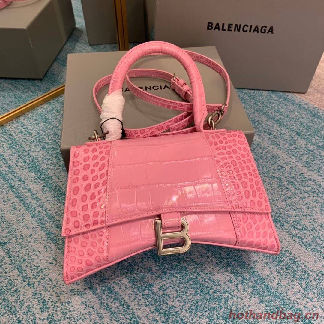 Balenciaga HOURGLASS SMALL TOP HANDLE BAG crocodile embossed calfskin B108895E pink
