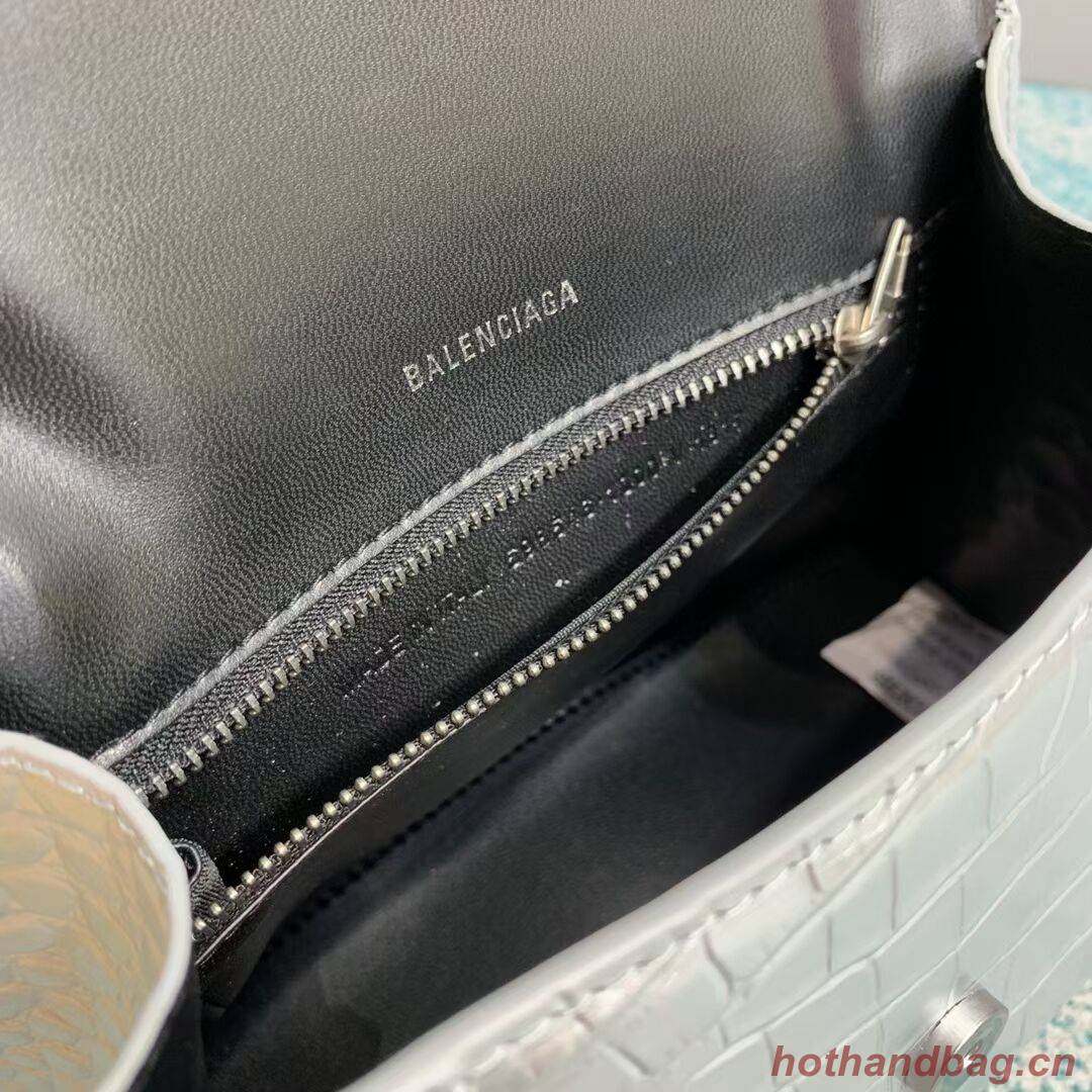 Balenciaga HOURGLASS SMALL TOP HANDLE BAG crocodile embossed calfskin B108895E silver