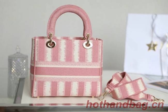 DIOR MEDIUM LADY D-LITE BAG Pink D-Stripes Embroidery M0565