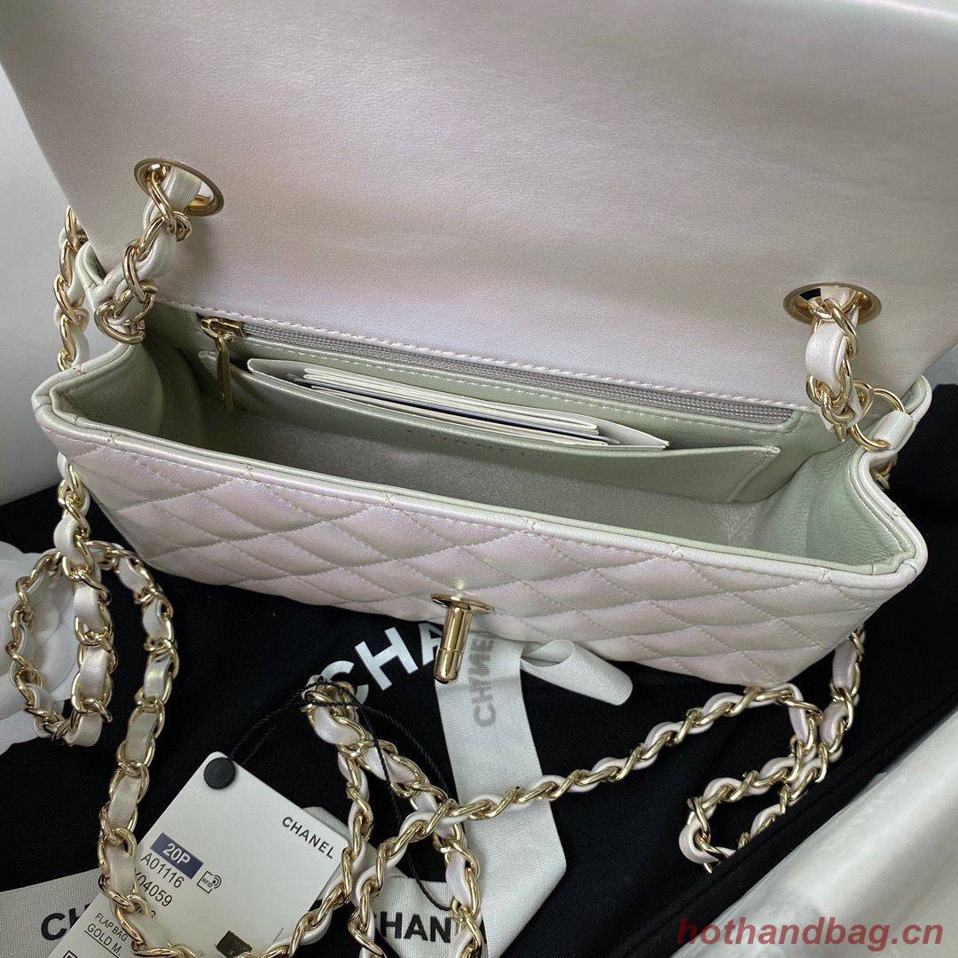 chanel flap bag Iridescent Calfskin & Light Gold-Tone AS1116 Pearl White
