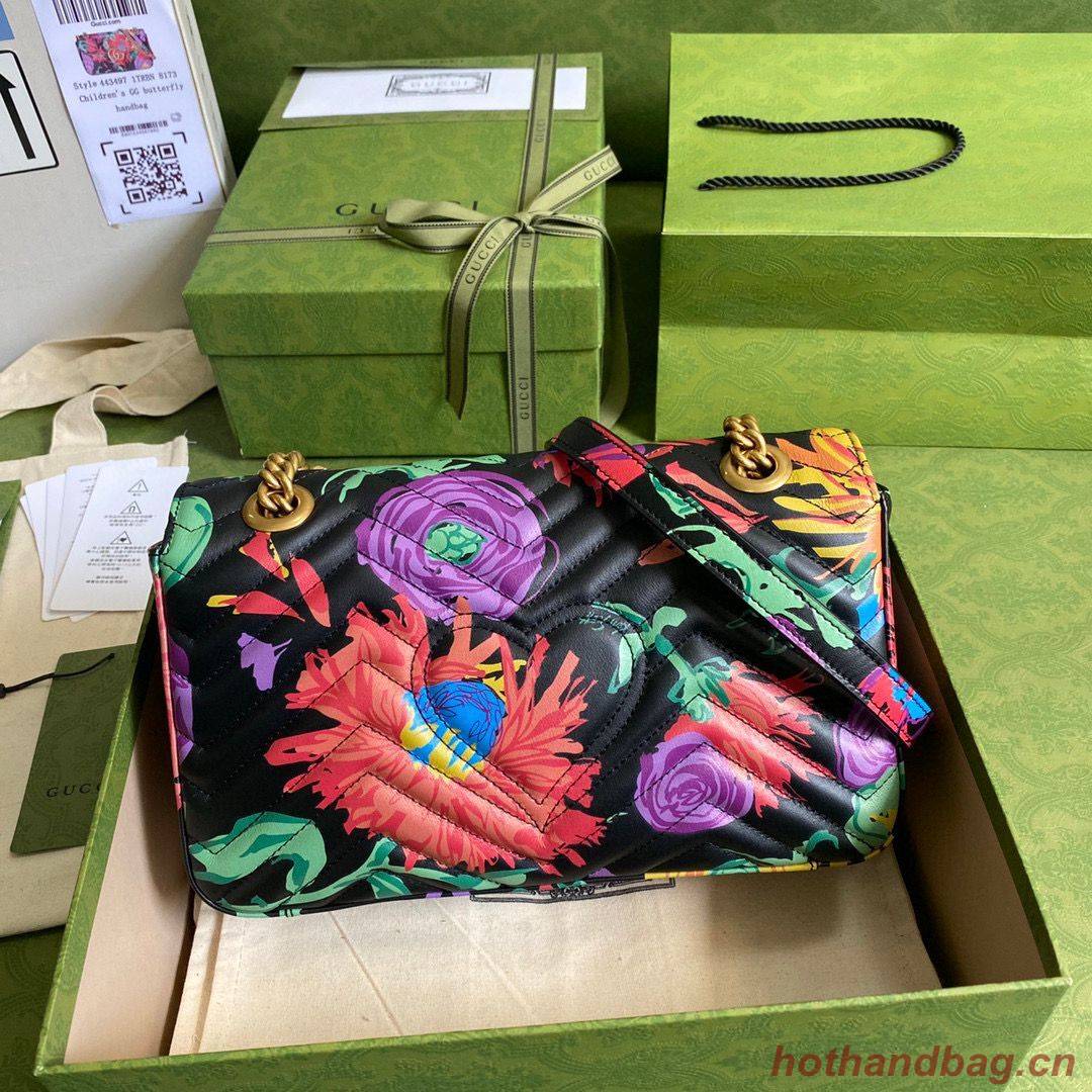 Gucci GG Marmont matelasse Mini Bag 446744 Black flowers