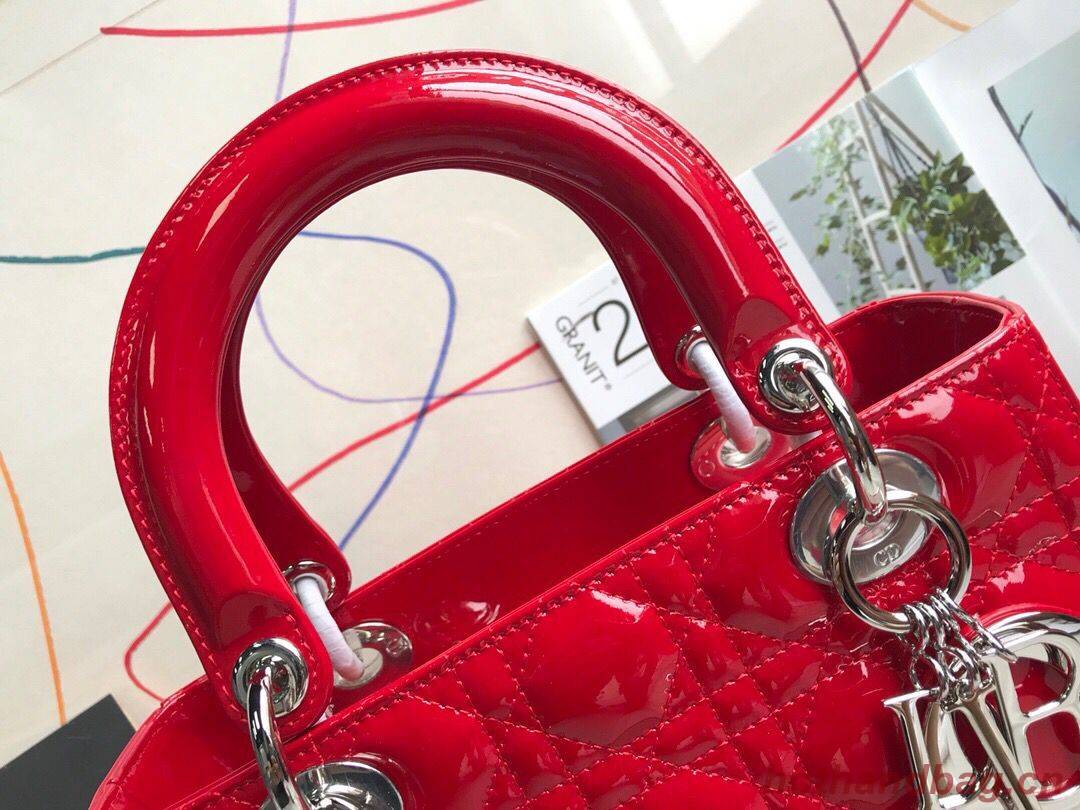 LADY DIOR MY ABCDIOR Patent Leather Bag Red M05389 Silver