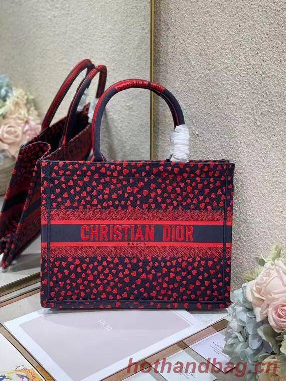 SMALL DIOR BOOK TOTE Navy Blue I Love Paris and Red Hearts Embroidery M1296ZRG