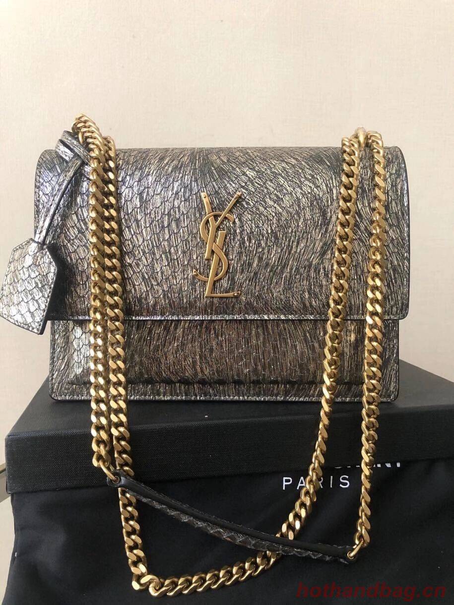 Yves Saint Laurent SUNSET SMALL CHAIN BAG IN SHINY SCALE-EMBOSSED LEATHER Y544296 grey