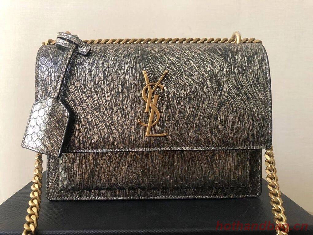 Yves Saint Laurent SUNSET SMALL CHAIN BAG IN SHINY SCALE-EMBOSSED LEATHER Y544296 grey