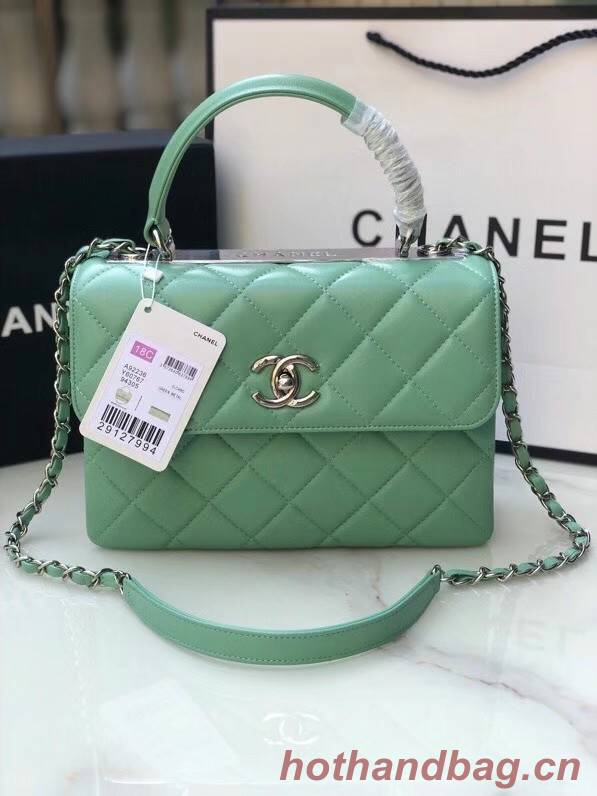 Chanel original lambskin top handle flap bag AS92236 light green&silver-Tone Metal