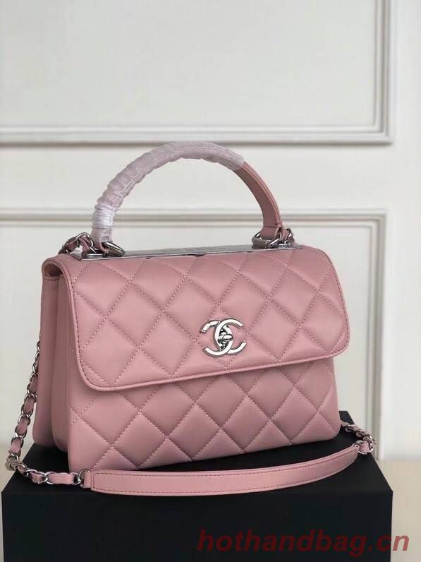 Chanel original lambskin top handle flap bag AS92236 pink&silver-Tone Metal