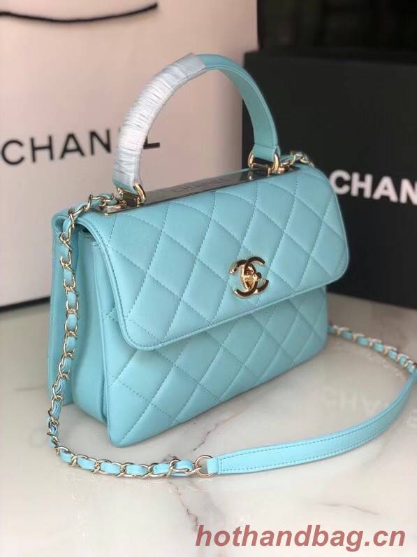 Chanel original lambskin top handle flap bag AS92236 sky blue&Gold-Tone Metal