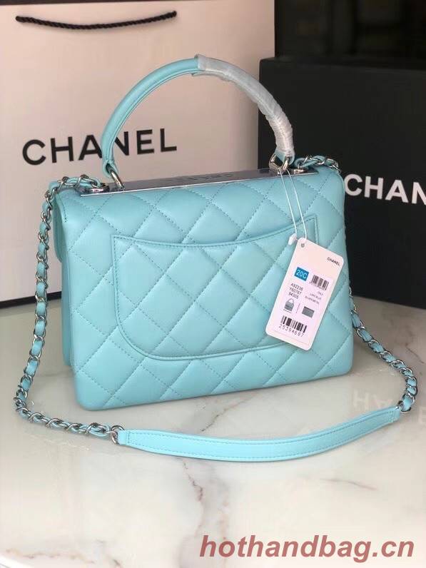 Chanel original lambskin top handle flap bag AS92236 sky blue&silver-Tone Metal