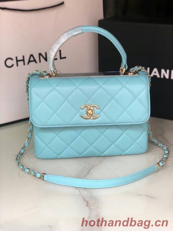 Chanel original lambskin top handle flap bag AS92236 sky blue&Gold-Tone Metal