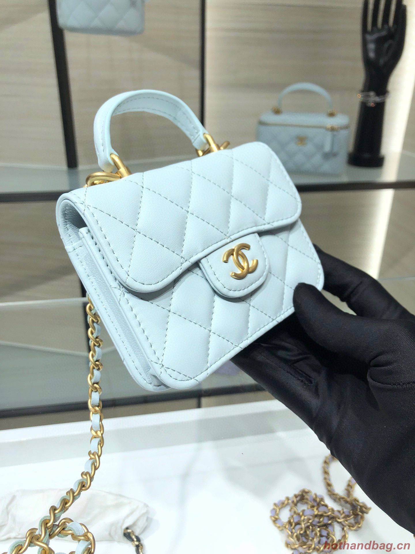 CHANEL Top Handle Micro Mini Wallet On Chain AP2200 Light Blue