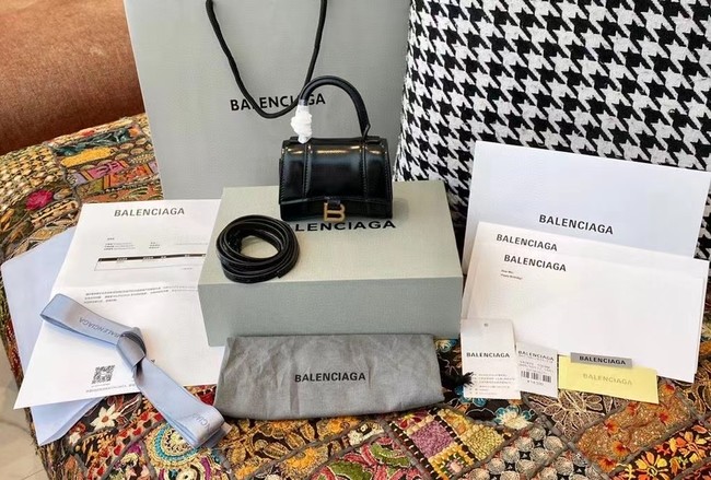 Balenciaga WOMENS HOURGLASS MINI TOP HANDLE BAG shiny box calfskin M8000 black