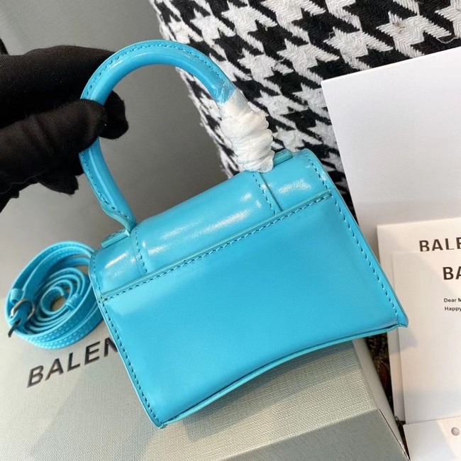 Balenciaga WOMENS HOURGLASS MINI TOP HANDLE BAG shiny box calfskin M8000 blue